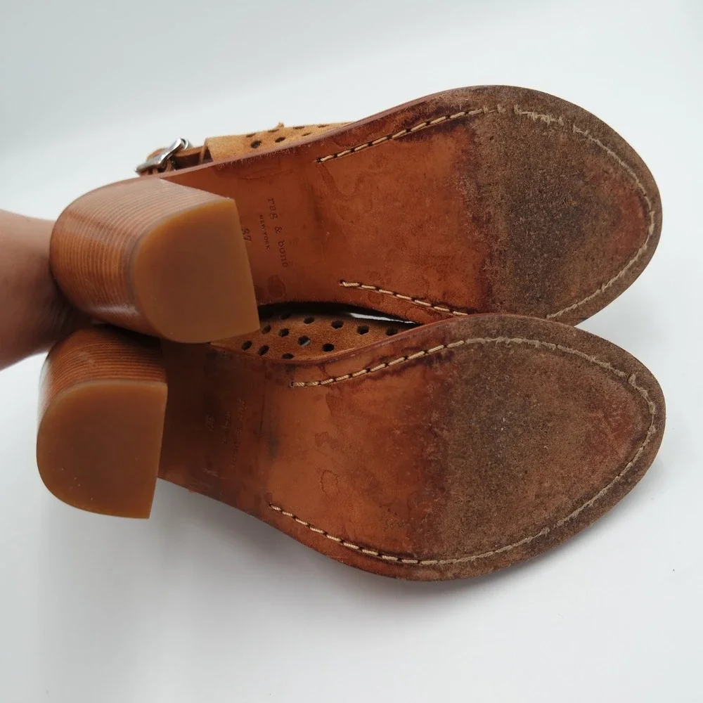 Rag & Bone Wyatt Womens Cognac Brown Perforated Suede Sandals 37 Fits US 7
